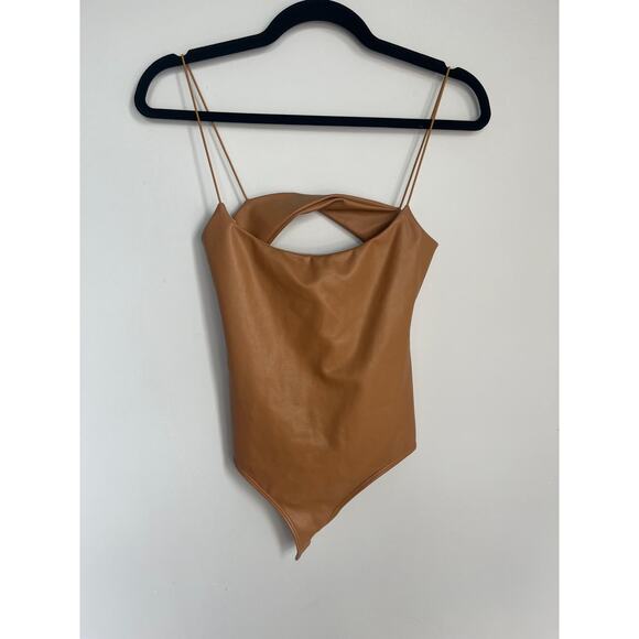 Alix NYC Faux Leather Bodysuit Women XS Cutout Spaghetti Strap Tan - Picture 1 of 7
